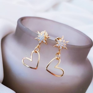Starburst CZ Stud Gold Earrings, Delicate Heart Dangle Earrings