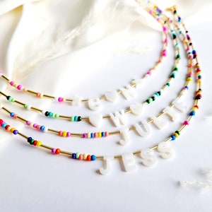 Delicate Personalized Name Multicoloured Necklaces Mother Of Pearl Letter Bead Minimalist Choker, Personalized Gifts, Shell Letter Necklace