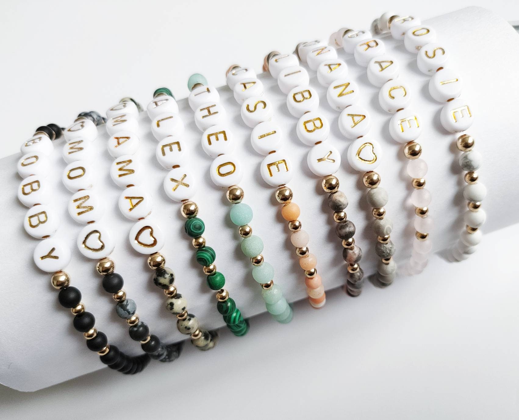Personalized Gemstone Name Bracelet: Gold Plated Bead Bracelet
