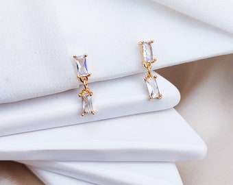 Clear CZ Two Baguettes Stud Gold Earrings, Transparent Pendant Drop Dangling Earrings Women's Jewelry