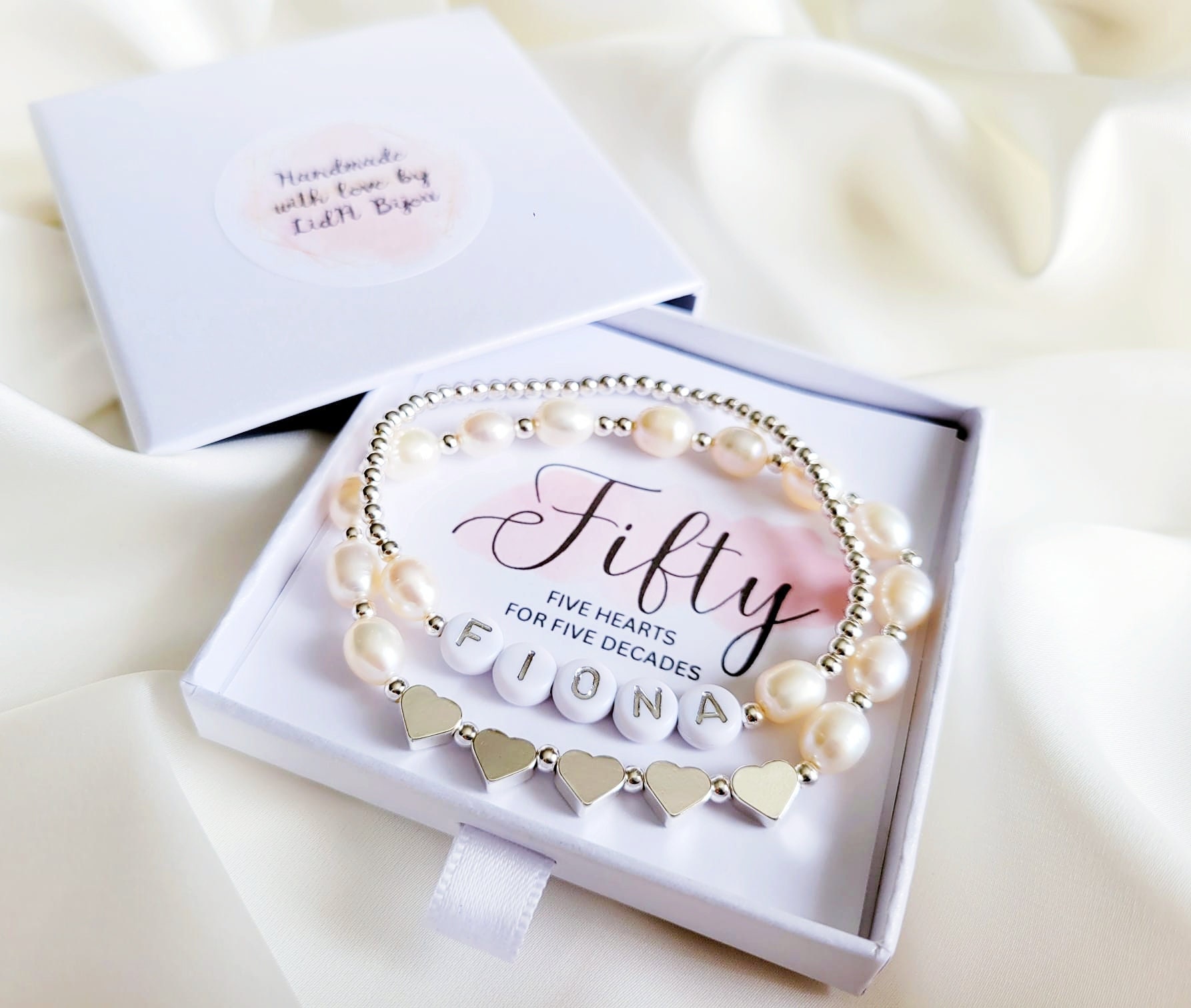 30th/40th/50th/60th Birthday Hearts Pearls Personalised Name Bracelets Set Gift, Natural Pearls Bracelet Birthday Custom Gifts For Women