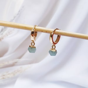 Small Natural Aventurine Crystal Dangling Earrings, Gold Earrings, Huggie Hoop Drop Earrings, Anniversary Gift