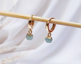 Small Natural Aventurine Crystal Dangling Earrings, Gold Earrings, Huggie Hoop Drop Earrings, Anniversary Gift