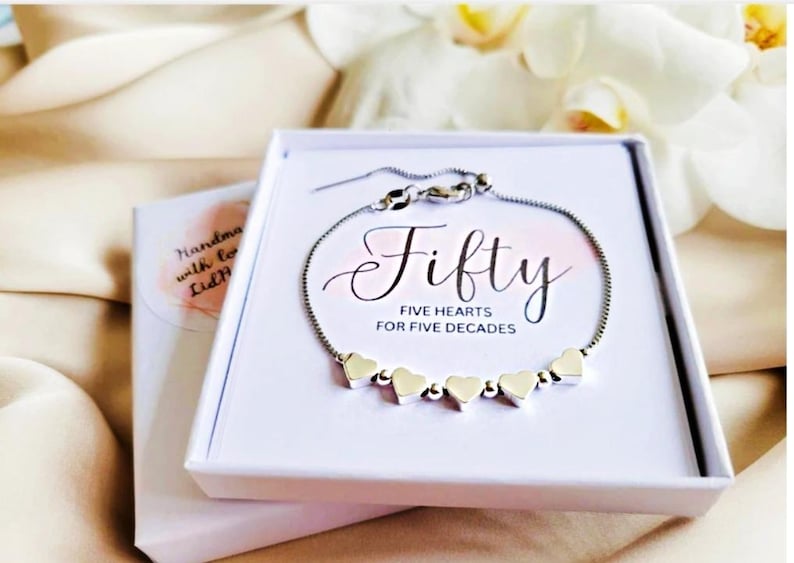 20th/30th/40th/50th/60th/70th Birthday Heart Bracelet Gifts, 50th Silver/Gold Bracelet Birthday Jewelry Gift For Women Her Friends Mum image 4