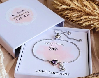 Custom Letter and Birthstone Bracelet, Initial Birthstone Bracelet for Girlfriend, Silver Initial Bracelet Birthstone Charm Bracelet Gift