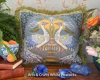 Tapestry Needlepoint Kit - Arts and Crafts White Peacocks - Premium Tapestry Kit Cushion Front - Glorafilia - Arts and Crafts - Peacocks