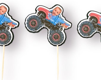 Monster Truck Cupcake Toppers | Photo | Custom | Photo head birthday toppers | Party Decor | Party Supplies | Monster Truck