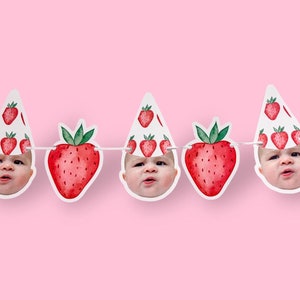 visage personnalisé | Bannière en papier cartonné | 5 pieds de long | tête de photo bannière | Bannière de fête | Anniversaire aux fraises | 1er anniversaire de la baie |