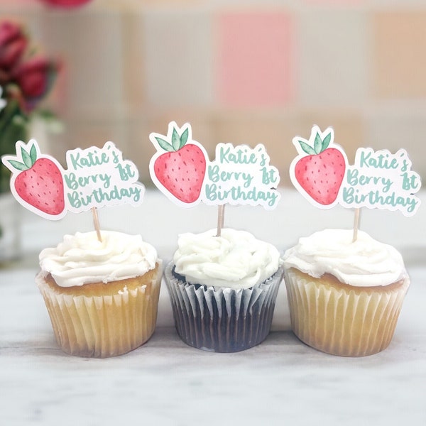 Strawberry Cupcake Toppers | Berry first birthday party | Berry 1st birthday party decor and party supplies | Dessert table decorations |