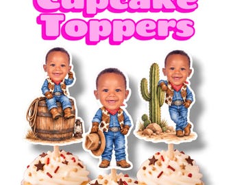 May include: Three cupcake toppers featuring a cartoon baby dressed in western attire with a denim shirt, jeans, and a patterned vest. The toppers show the baby sitting on a barrel, standing with a hat, and leaning against a cactus.