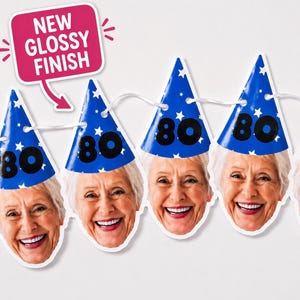 May include: A party banner featuring a repeating cutout of a smiling person wearing a blue party hat with white stars and the number 80 printed in black. A pink speech bubble graphic with the text NEW GLOSSY FINISH points to the hats.