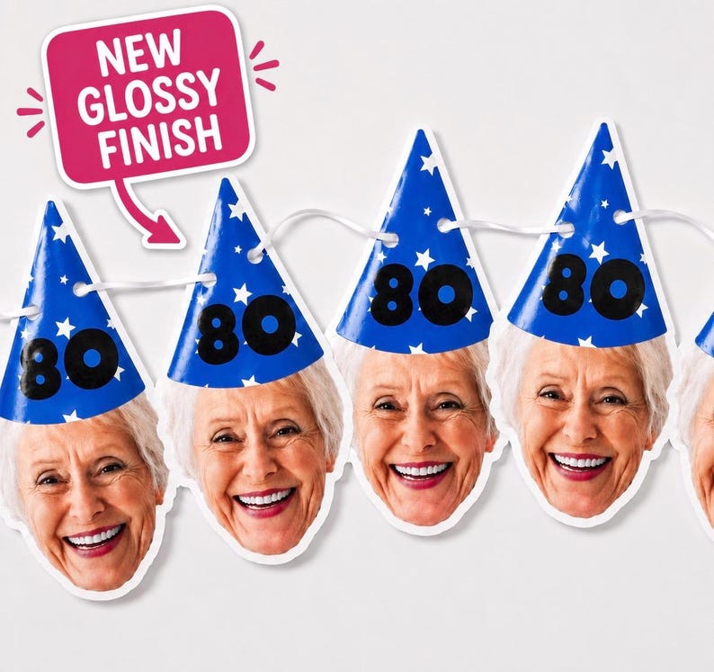 May include: A party banner featuring a repeating cutout of a smiling person wearing a blue party hat with white stars and the number 80 printed in black. A pink speech bubble graphic with the text NEW GLOSSY FINISH points to the hats.
