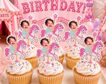 Carnival Cupcake Toppers | Pastel Carnival Circus Photo Head | 2.9 inch| Party Supplies | First Go Round | Carousel Party | Cupcake Decor