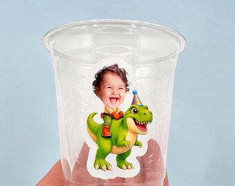 12oz Birthday Custom Face Cups | Personalized Party Cups | Dinosaur Birthday | Dino Theme | T rex Decorations | Party Favors |