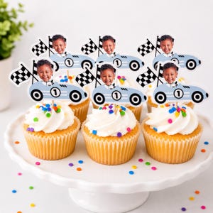 Personalized Blue Race Car Cupcake Toppers | Two Fast Birthday Theme Decorations