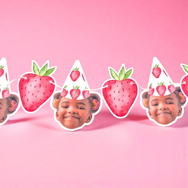 custom face | Cardstock Banner | 5 Foot Long | photo head Banner | Party Banner | Strawberry Birthday | Berry 1st Birthday | image 1