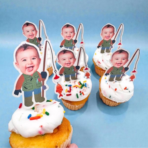 Adornos para cupcakes: Tema de fiesta de cumpleaños de pesca, pescador, cara personalizada, Ofishally One, Ofishally Two, Ofishally Three