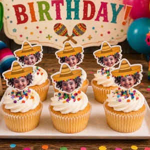 Fiesta cupcake toppers and party decor personalized with face for fiesta theme parties, birthdays, gifts, table decor, party supplies
