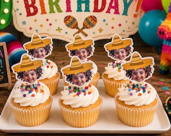 Fiesta cupcake toppers and party decor personalized with face for fiesta theme parties, birthdays, gifts, table decor, party supplies