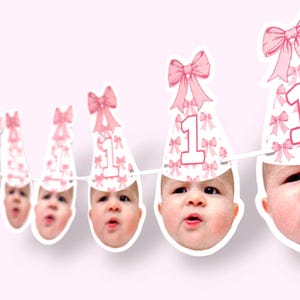 visage personnalisé | Bannière en papier cartonné | 5 pieds de long | tête de photo bannière | Bannière de fête | noeud rose | Bannière premier anniversaire