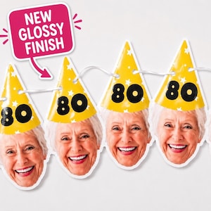 May include: A party banner featuring a repeating cutout of an older person's face wearing a yellow party hat with white stars and the number 80 in black. A pink speech bubble graphic with the text NEW GLOSSY FINISH points to the banner.