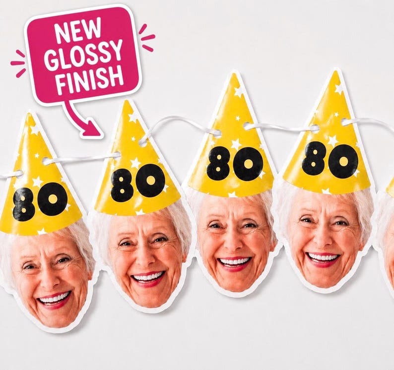 May include: A party banner featuring a repeating cutout of an older person's face wearing a yellow party hat with white stars and the number 80 in black. A pink speech bubble graphic with the text NEW GLOSSY FINISH points to the banner.