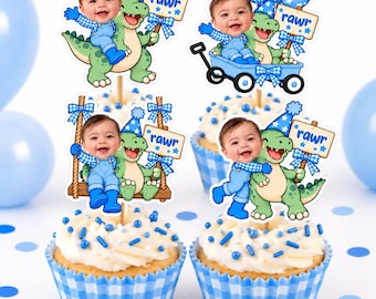 Personalized Dinosaur Cupcake Toppers | Custom Baby Photo, Dino Party Decorations
