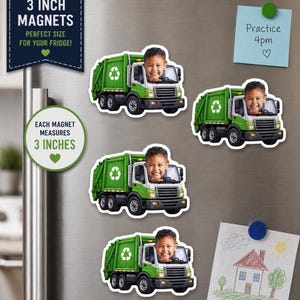 Gepersonaliseerde magneet met vuilniswagengezicht | Feestartikel met foto op maat (7,6 cm)