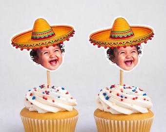 Fiesta cupcake toppers and party decor personalized with face for fiesta theme parties, birthdays, gifts, table decor, party supplies