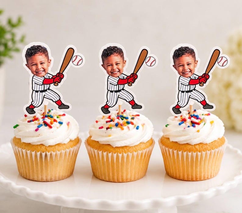 Baseball Cupcake Toppers | Personalized with face | 2.9 inch| Party Decorations | Rookie of the Year | Party Theme | 1st Birthday Idea image 12