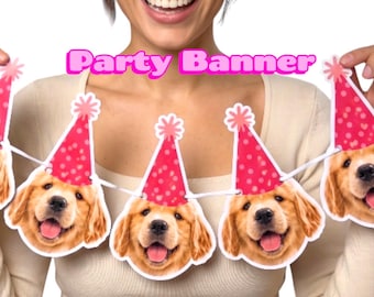 May include: A party banner featuring a repeating sequence of golden retriever puppy faces, each wearing a bright pink polka-dot party hat with a pom-pom top. The banner is strung on a white cord and includes the text Party Banner.