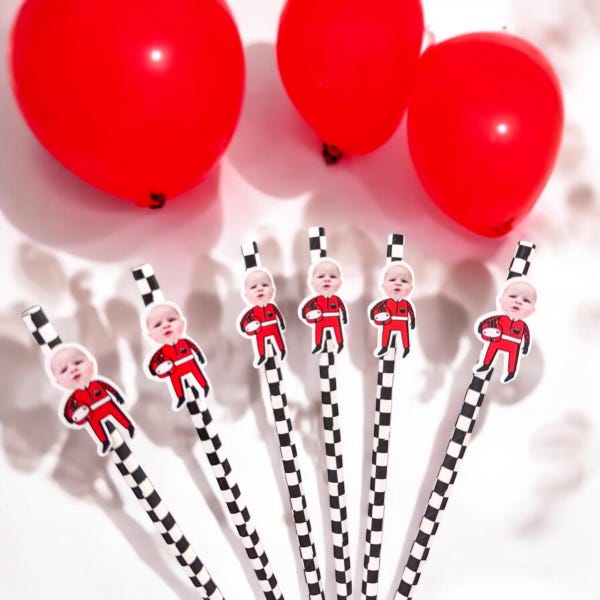 Party Straws | Race Car Driver Birthday Decoration | Two Fast | Fast One | Vintage Race Car Driver Birthday Straws | Customize with face
