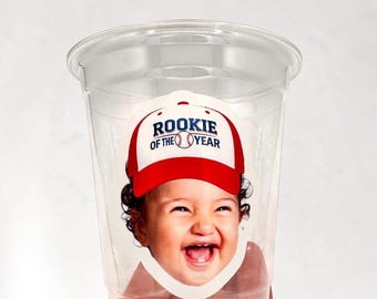 12oz Birthday Custom Face Cups | Personalized Party Cups | Rookie of the Year Birthday | Baseball Theme | Decorations | Party Favors |
