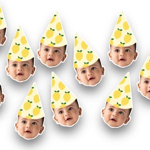 Lemon birthday confetti. Personalized with a photo of the birthday girl or boy wearing a party hat.