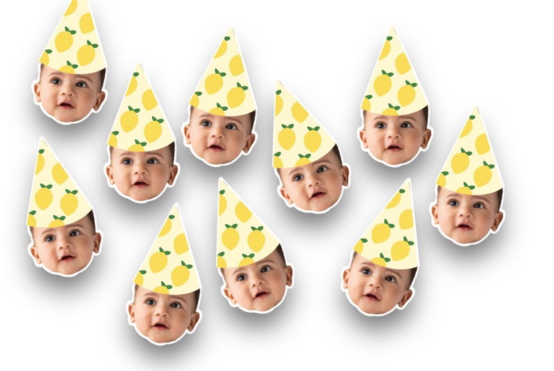 Lemon birthday confetti. Personalized with a photo of the birthday girl or boy wearing a party hat.