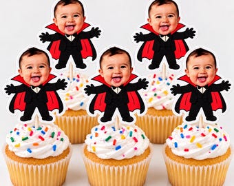 Halloween Cupcake Toppers | Custom Face, Vampire Costume (2.9 inch)