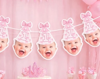 aangepast gezicht | Kartonnen banner | 5 voet lang | foto hoofdbanner | Feestbanner | Roze strik | Banner eerste verjaardag