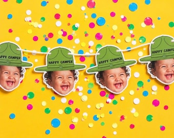 custom face | Cardstock Banner | 5 Foot Long | photo head Banner | Party Banner | Happy Camper | Camping Theme | Camp Banner