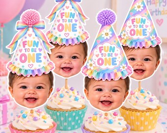 Custom Face Cupcake Toppers | Pastel Fun to Be One Birthday Party Decorations