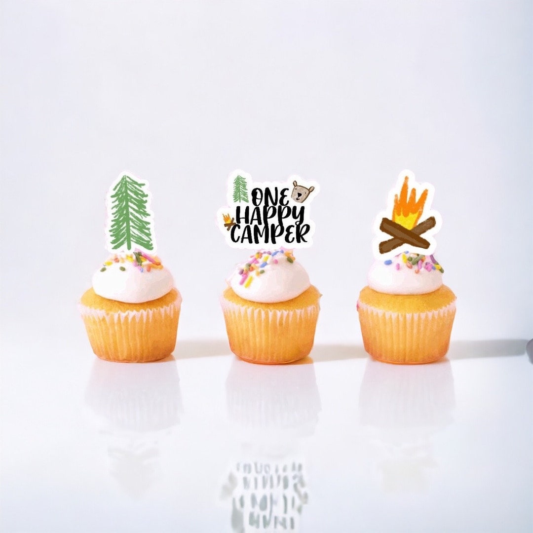 24 Stück Happy Camper Cupcake-Topper – Camping-Motiv Mit Zelt, Lagerfeuer, Auto | Für Wald-, Outdoor- & Holzfäller-Partys | Wiederverwendbare Papier-Deko