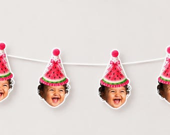 Melonen-Geburtstagsbanner/Girlande | Wassermelonen-Partydeko | Wassermelonen-Motto | Banner mit Gesichtsfoto | Individuell gestaltet | Einzigartig