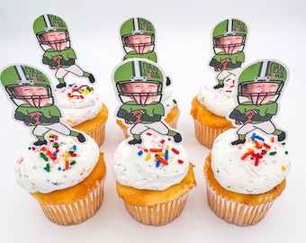 Personalized Football Player Cupcake Toppers | 2.9" Custom Face First Year Down Party Decor