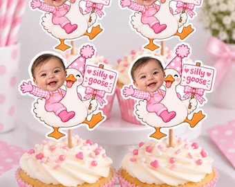 Custom Silly Goose Cupcake Toppers | Personalized Baby Face Party Decorations