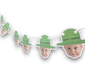 custom face | Cardstock Banner | 5 Foot Long | photo head Banner | Party Banner | Happy Camper | Camping Theme | Camp Banner