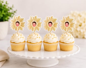 First Trip Around The Sun: Cupcake toppers, party supplies, decorations, first birthday dessert decor, sunshine themed, personalized decor