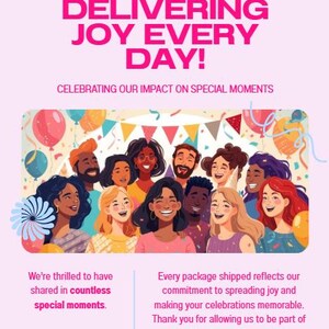 K&ouml;nnte beinhalten: Rosa Grafik mit dem Text "DELIVERING JOY EVERY DAY!" und "CELEBRATING OUR IMPACT ON SPECIAL MOMENTS." Das Bild enth&auml;lt Illustrationen verschiedener Menschen, Luftballons und Konfetti, mit zus&auml;tzlichem Text.