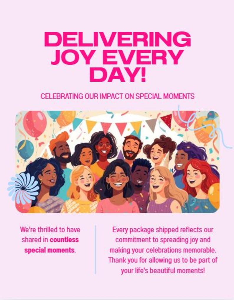 K&ouml;nnte beinhalten: Rosa Grafik mit dem Text "DELIVERING JOY EVERY DAY!" und "CELEBRATING OUR IMPACT ON SPECIAL MOMENTS." Das Bild enth&auml;lt Illustrationen verschiedener Menschen, Luftballons und Konfetti, mit zus&auml;tzlichem Text.