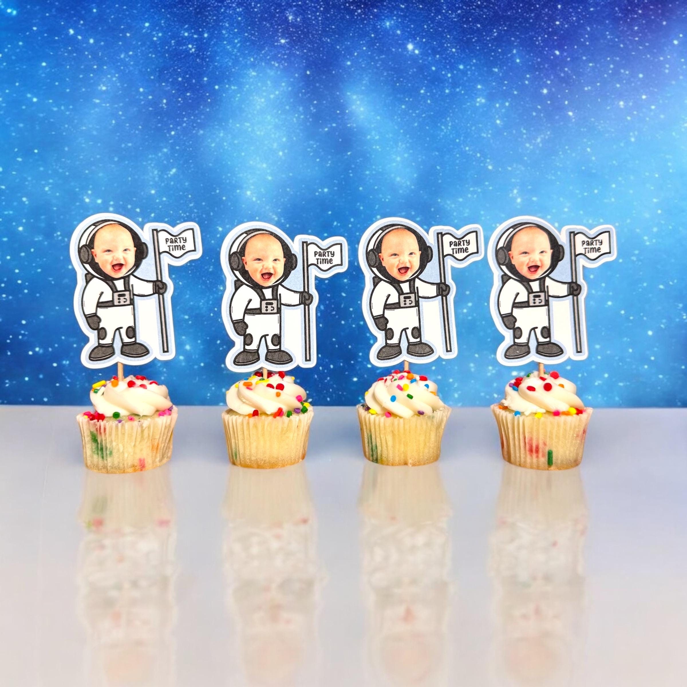 Astronaut Birthday Cupcake Toppers | Galaxy | Moon | Boy First Birthday | Space Birthday | Planets | Spaceship | Party Decorations |