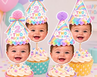 Custom Baby Face Cupcake Toppers | 2nd Birthday Party Hats (2.5-2.8 inch)