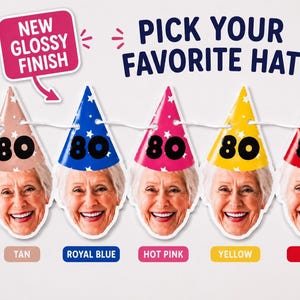 May include: A banner featuring five party hats in tan, royal blue, hot pink, yellow, and red, each with a white star pattern and the number 80. Below each hat is a cutout of a smiling person's face. Text reads: NEW GLOSSY FINISH and PICK YOUR FAVORITE HAT!